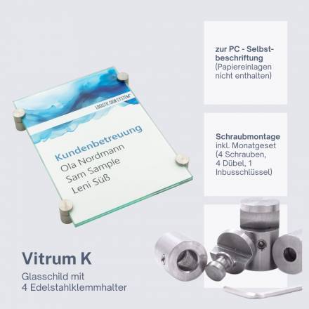 Türschild VITRUM K , Glasschild, Büroschild, Doppelglasschild